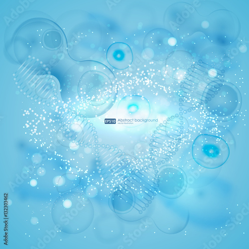 Medical background with DNA and cells. Science background with cells HUD. Blue cell background. Life and biology, medicine scientific, bacteria, molecular research DNA.
