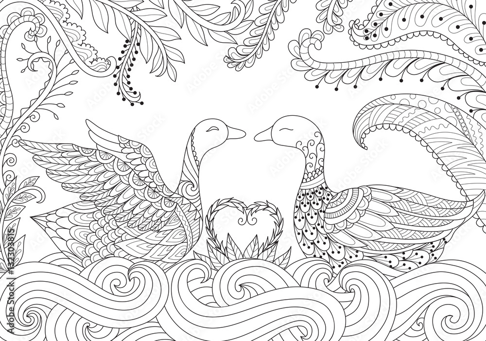 Obraz premium Two swans playing together on the river. Happy Valentine's day. Adult coloring book pages for anti stress