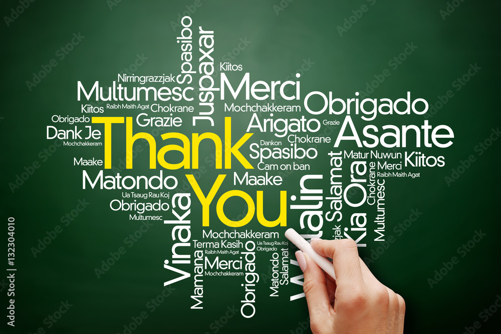 Hand writing Thank You Word Cloud in many languages on blackboard, presentation background Hand writing Thank You Word Cloud in many languages on blackboard, presentation background