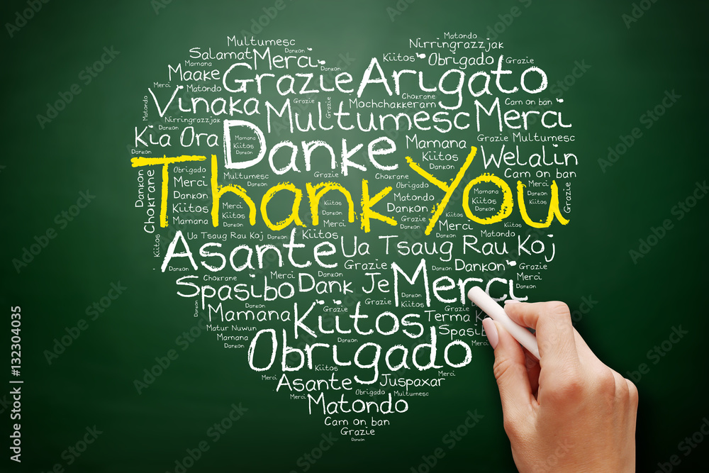 Hand writing Thank You Word Cloud in many languages on blackboard, presentation background