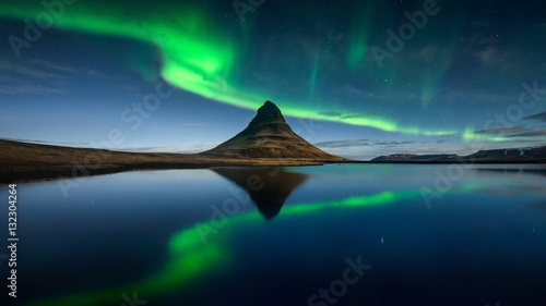 Kirkjufell Northen Lights Green Reflection - ICELAND