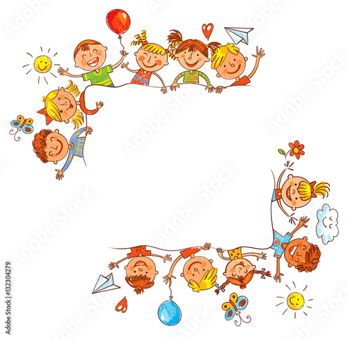 Group of children with blank board. Drawing like children