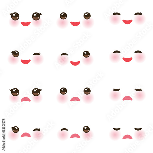 Kawaii funny muzzle with pink cheeks and winking eyes on white background. Vector
