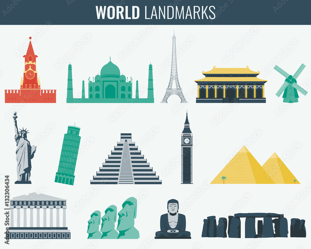 Fototapeta premium World landmarks flat icon set. Travel and Tourism. Vector
