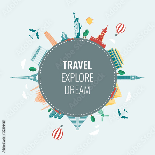 Travel composition with famous world landmarks icons. Vector