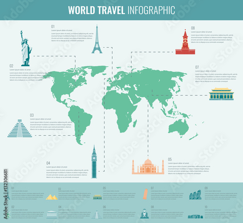 Infographic world landmarks on map. Vector