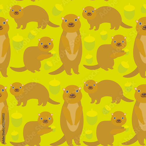 Seamless pattern Set of funny Gopher ground squirrel with acorn on green background. Vector