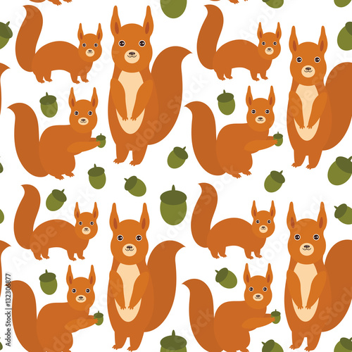 Seamless pattern Set of funny red squirrels with fluffy tail with acorn isolated on white background. Vector