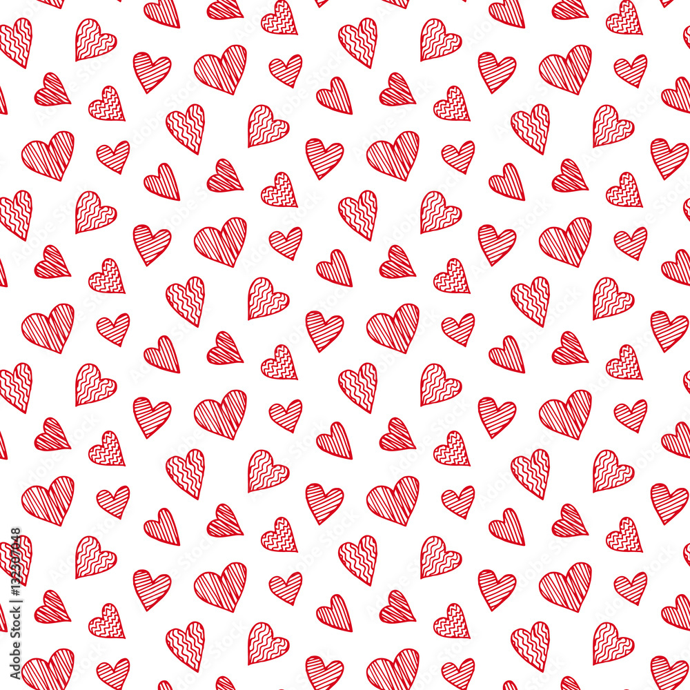 Fototapeta premium Vector romantic seamless pattern with hand drawn red heart doodles