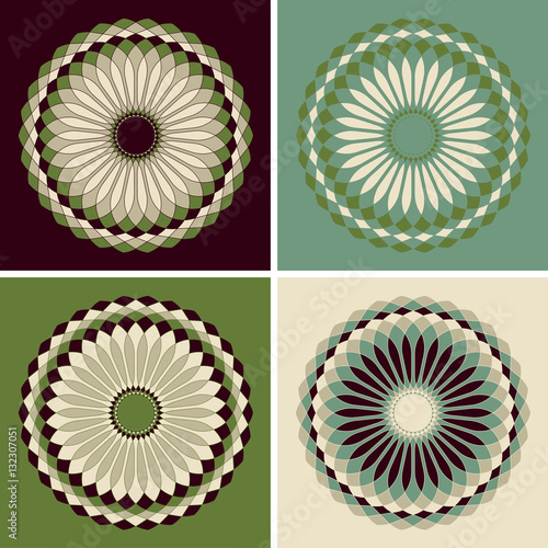 four rosettes of circular flowers in green, brown and ivory