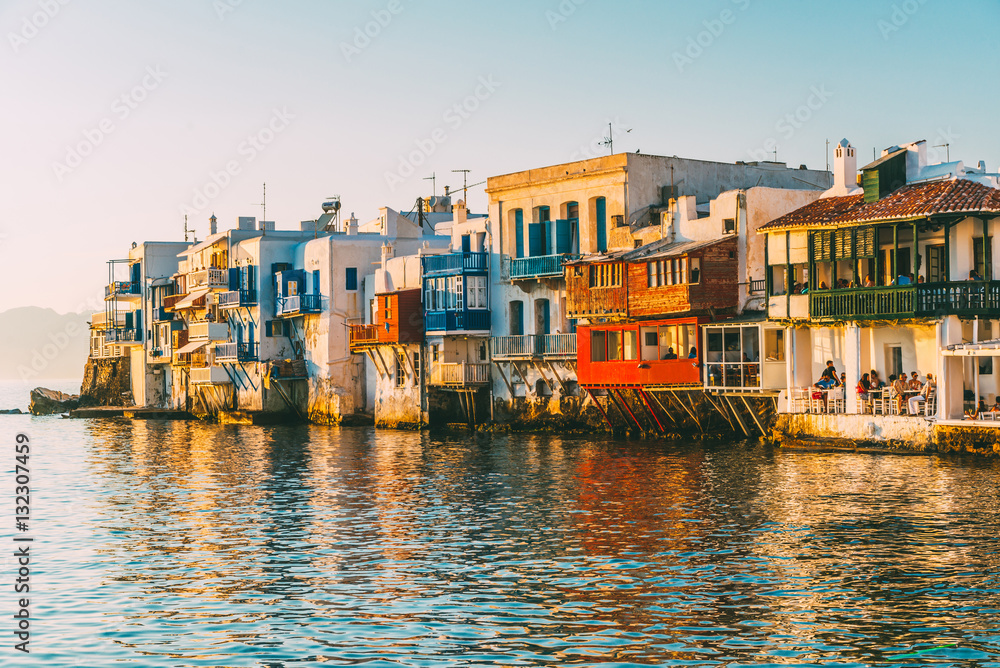 Golden afternoon in Little Venice famous dining and cafe neighborhood in Mykonos, Mykonos island,  Cyclades, Greece