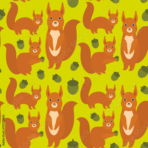 Seamless pattern Set of funny red squirrels with Gopher ground squirrel fluffy tail with acorn on green background. Vector