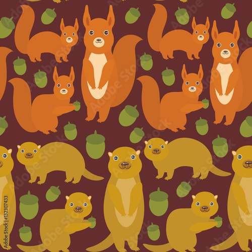 Seamless pattern Set of funny red squirrels with Gopher ground squirrel fluffy tail with acorn on dark brown burgundy background. Vector