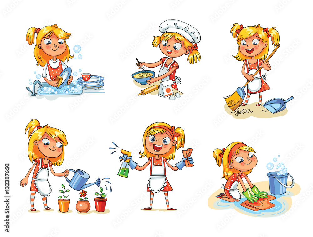 House cleaning. Girl is busy at home. Funny cartoon character