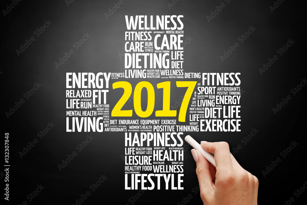 2017 Goals Health word cloud, health cross concept on blackboard 2017 Goals Health word cloud, health cross concept on blackboard