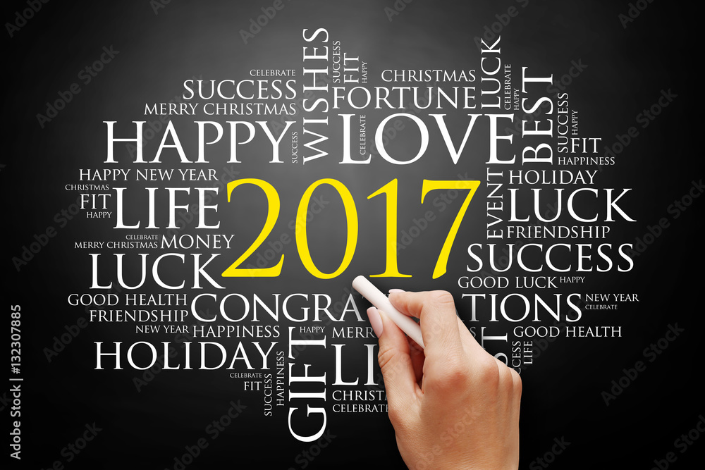 2017 year greeting word cloud collage, Happy New Year celebration greeting card on blackboard 2017 year greeting word cloud collage, Happy New Year celebration greeting card on blackboard
