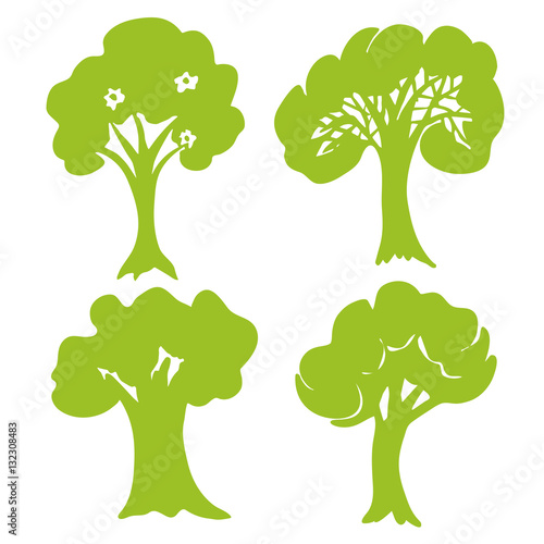 Hand drawn Tree collection. Set of green trees silhouettes isolated on white background. Vector