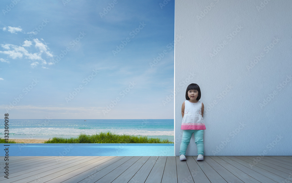 Happy asian child with white wall in modern beach house - 3d rendering