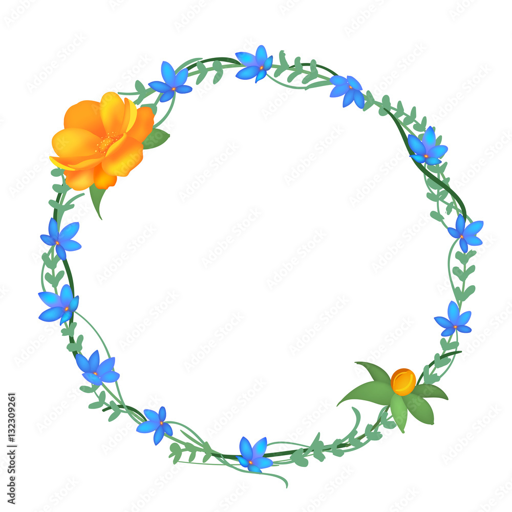 Postcard with a round frame of flowers. Vector illustration