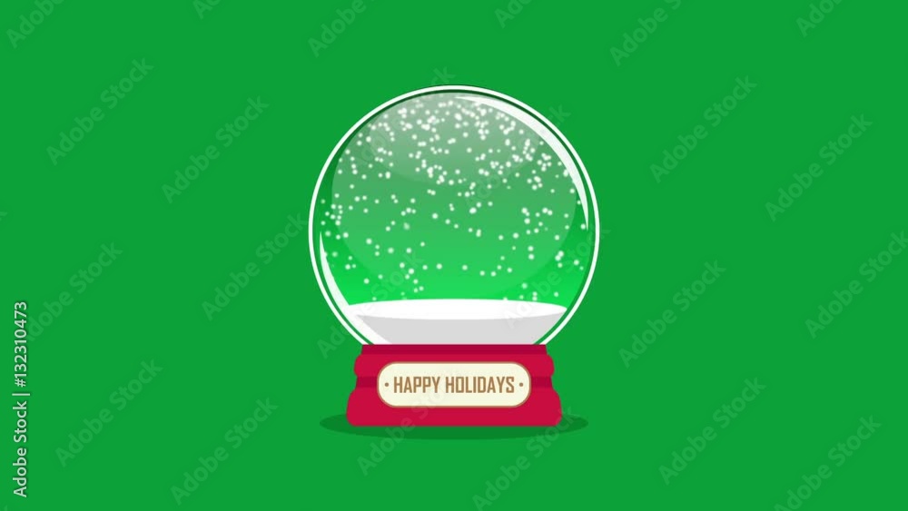 snowglobe animation with falling snow on a green background loop