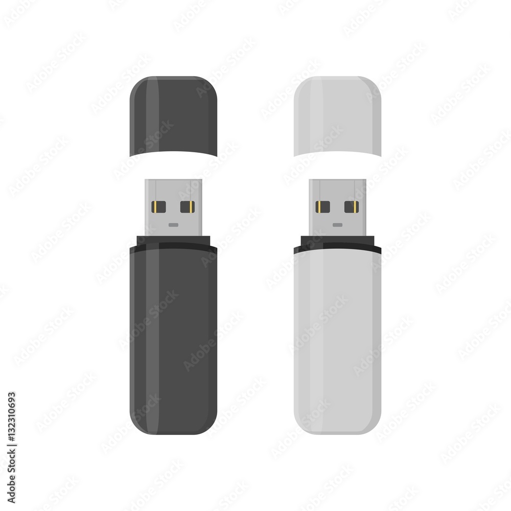Flash drive USB memory sticks isolated on white background in flat style. Flash drive USB memory sticks isolated on white background in flat style.