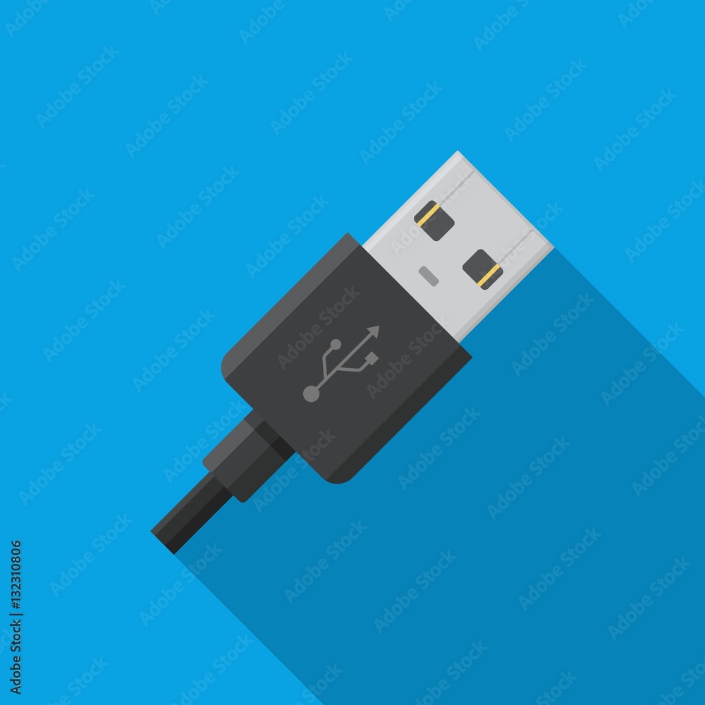 USB cable connector cord icon on blue background in flat style. USB cable connector cord icon on blue background in flat style.