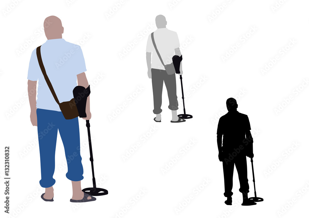 Man with slippers and bag using metal detector Man with slippers and bag using metal detector