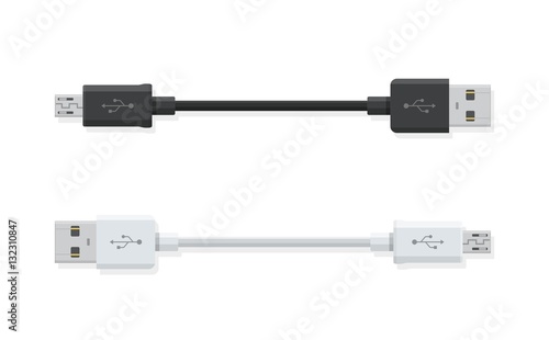 USB Micro cables isolated on white background. Connectors and sockets for PC and mobile devices. Computer peripherals connector or smartphone recharge supply