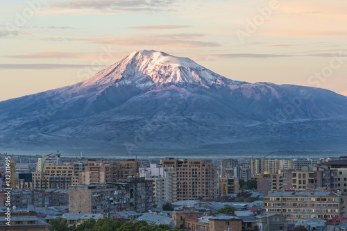 Mount Ararat and Yerevan viewed from Cascade at sunrise, Yerevan, Armenia, Cemtral Asia photo