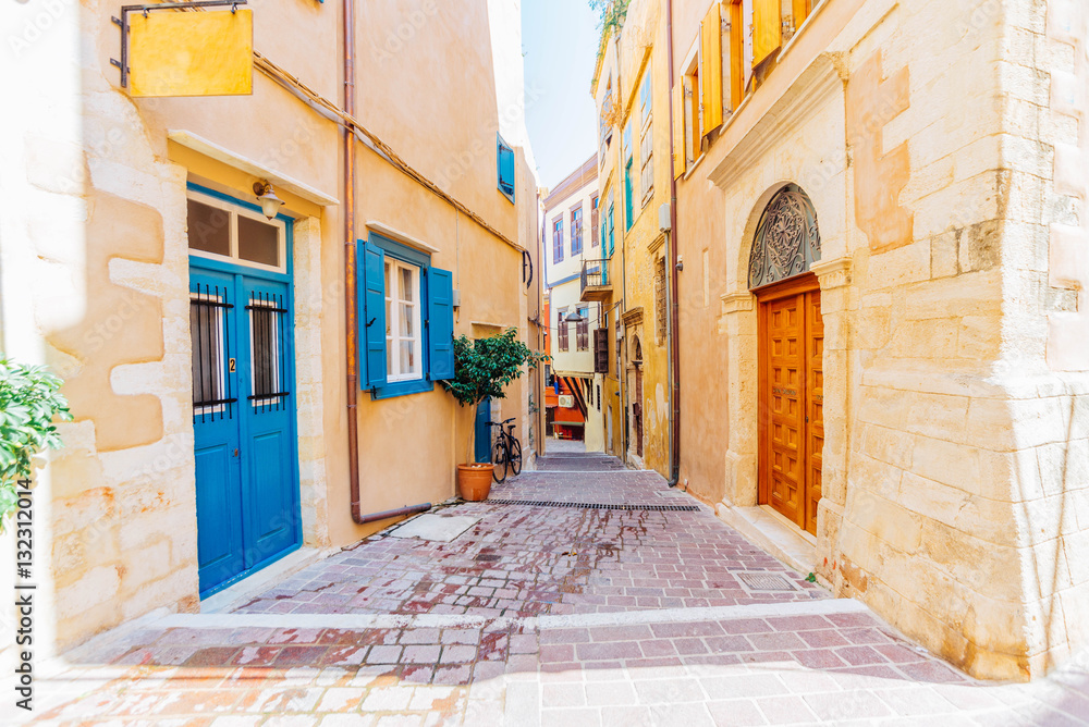 Fototapeta premium Romantic old stone and cobblestone streets of Chaina, Crete island, Greece