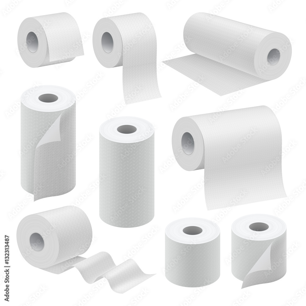 Realistic paper roll mock up set isolated on white background vector illustration. Blank white 3d model kitchen towel, toilet paper roll, cash register tape, thermal fax roll. Template collection Realistic paper roll mock up set isolated on white background vector illustration. Blank white 3d model kitchen towel, toilet paper roll, cash register tape, thermal fax roll. Template collection