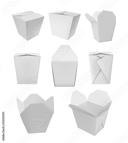 Realistic take away food box mock up set isolated on white background vector illustration. Blank white 3d model cardboard noodle package, wok container, asian empty food box. Template for branding.