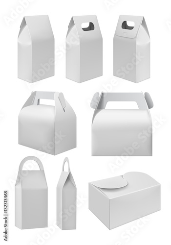 Realistic take away food box mock up set isolated on white background vector illustration. Blank white 3d model cardboard carry package, product container, empty food box. Template for branding.