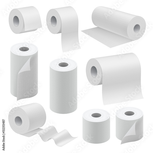 Realistic paper roll mock up set isolated on white background vector illustration. Blank white 3d model kitchen towel, toilet paper roll, cash register tape, thermal fax roll. Template collection