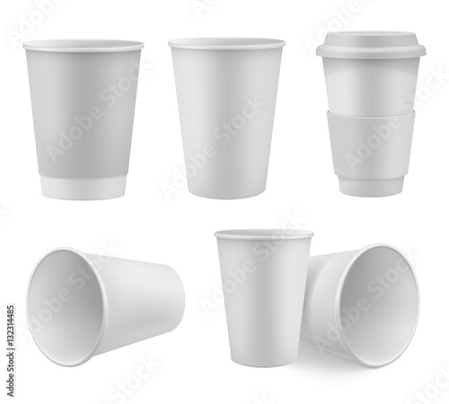 Realistic paper coffee cup mock up set isolated on white background vector illustration. Blank white 3d model takeaway disposable coffee cup with cap. Template collection for branding