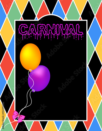 Carnival invitation card with balloons and harlequin background.