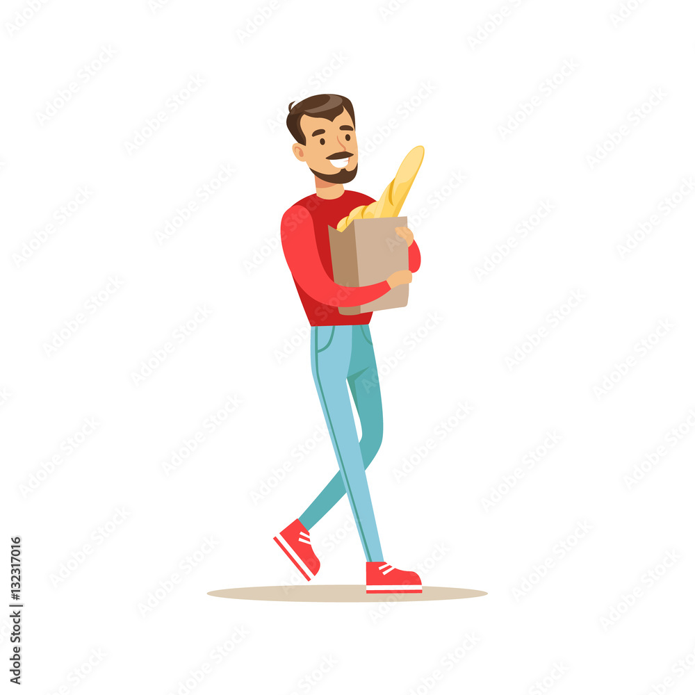 Fototapeta premium Smiling Man With A Beard Carrying Paper Bag With Fresh Bread Bought In a Bakery Shop Vector Illustration