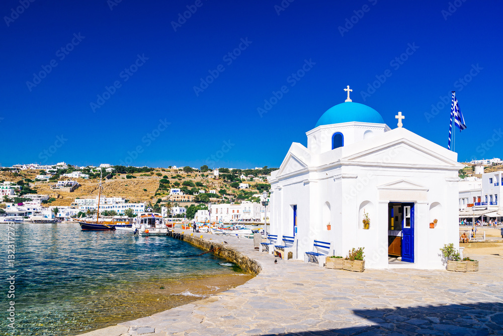 Traditional fishing port of Mykonos in the early summer morning, Mykonos island, Cyclades, Greece