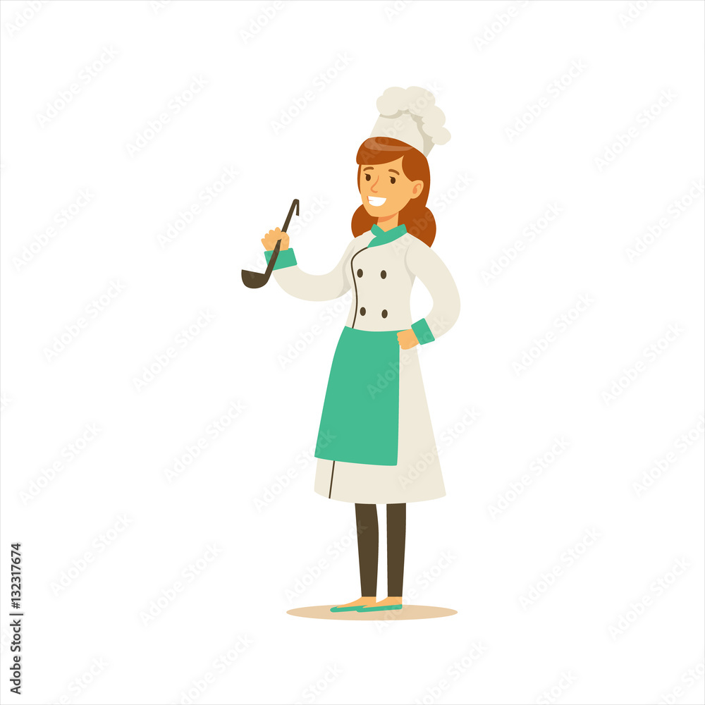 Woman Professional Cooking Chef Working In Restaurant Wearing Classic Traditional Uniform WIth Ladle Cartoon Character Woman Professional Cooking Chef Working In Restaurant Wearing Classic Traditional Uniform WIth Ladle Cartoon Character