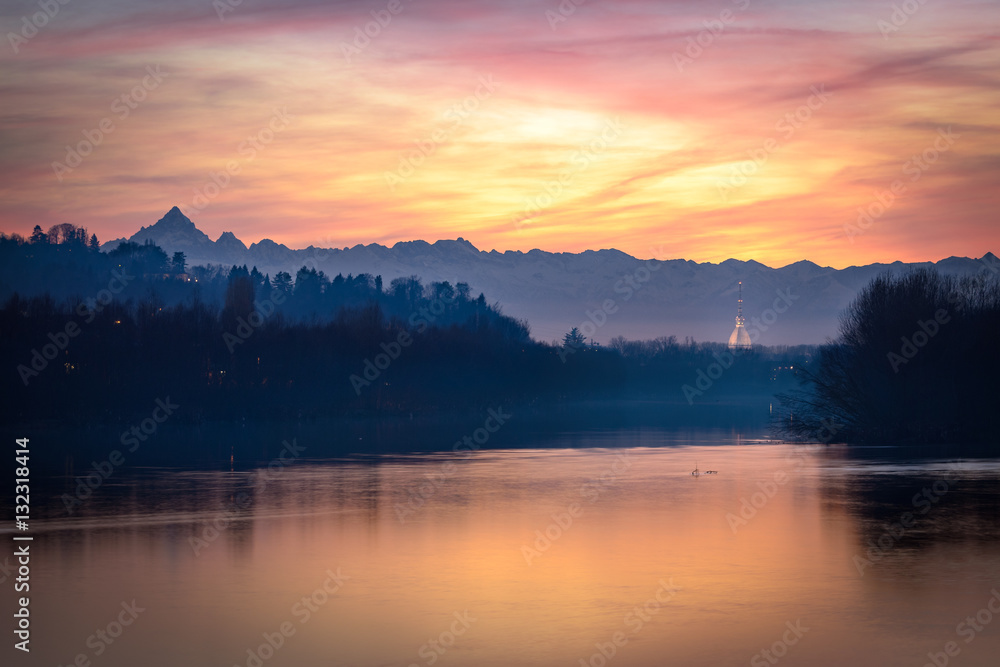 Turin amazing sunset with Mole Antonelliana, river Po and Monviso