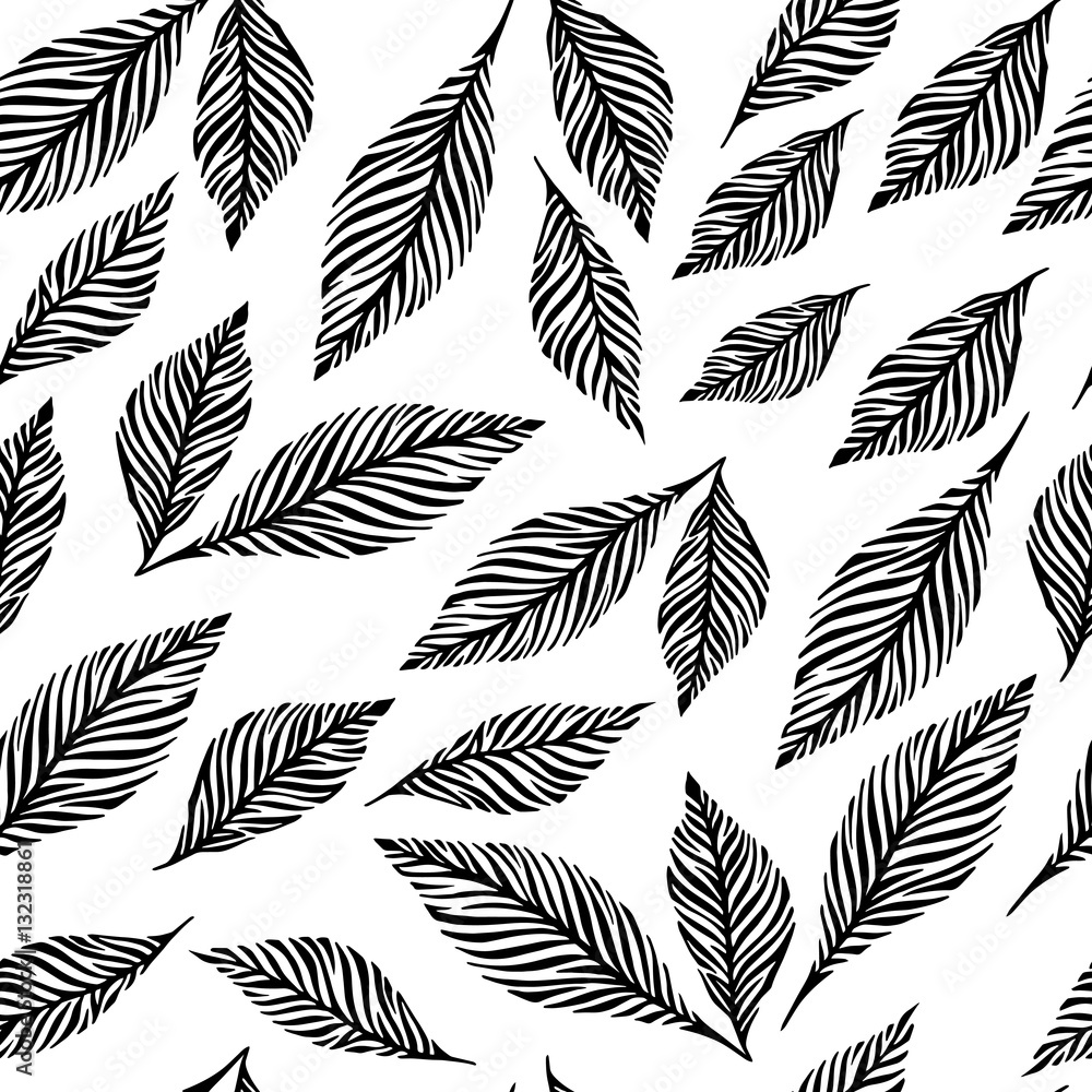 Black and white hand drawn tropical leaves. Seamless pattern. Black and white hand drawn tropical leaves. Seamless pattern.