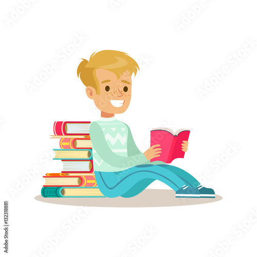 Boy Sitting With His Back Against Pile Of Books Who Loves To Read, Illustration With Kid Enjoying Reading An Open Book