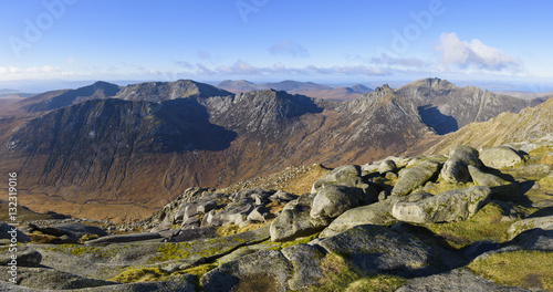 Panoramic view of the Northern Mountains from the top of Goatfell, Isle of Arran, North Ayrshire, Scotland photo