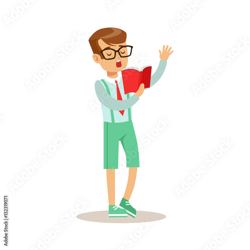 Boy In Glasses Who Loves To Read, Illustration With Kid Enjoying Reading An Open Book