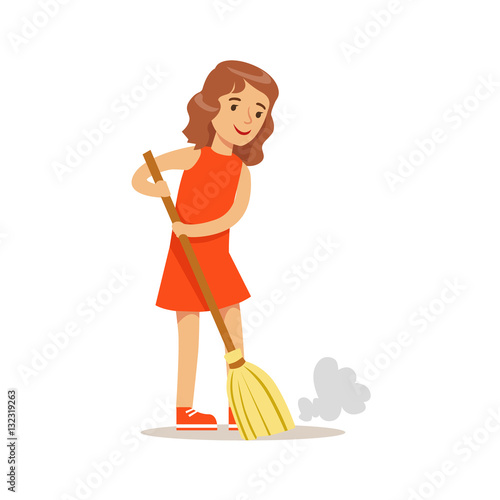 Girl Sweeping The Floor With The Broom Smiling Cartoon Kid Character Helping With Housekeeping And Doing House Cleanup