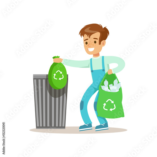 Boy Throwng Away Bin Bags Filled With Plastic Bottles Smiling Cartoon Kid Character Helping With Housekeeping And Doing House Cleanup