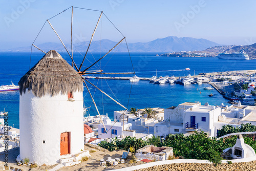 View of Mykonos and the famous windmill from above, Mykonos island, Cyclades, Greece photo