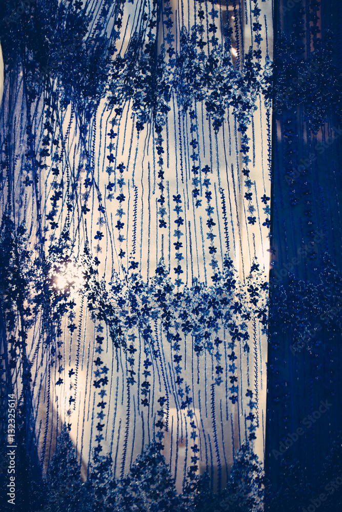 Transparent material of cloth for evening dress for woman, vertical texture with blue flowers, vintage Transparent material of cloth for evening dress for woman, vertical texture with blue flowers, vintage