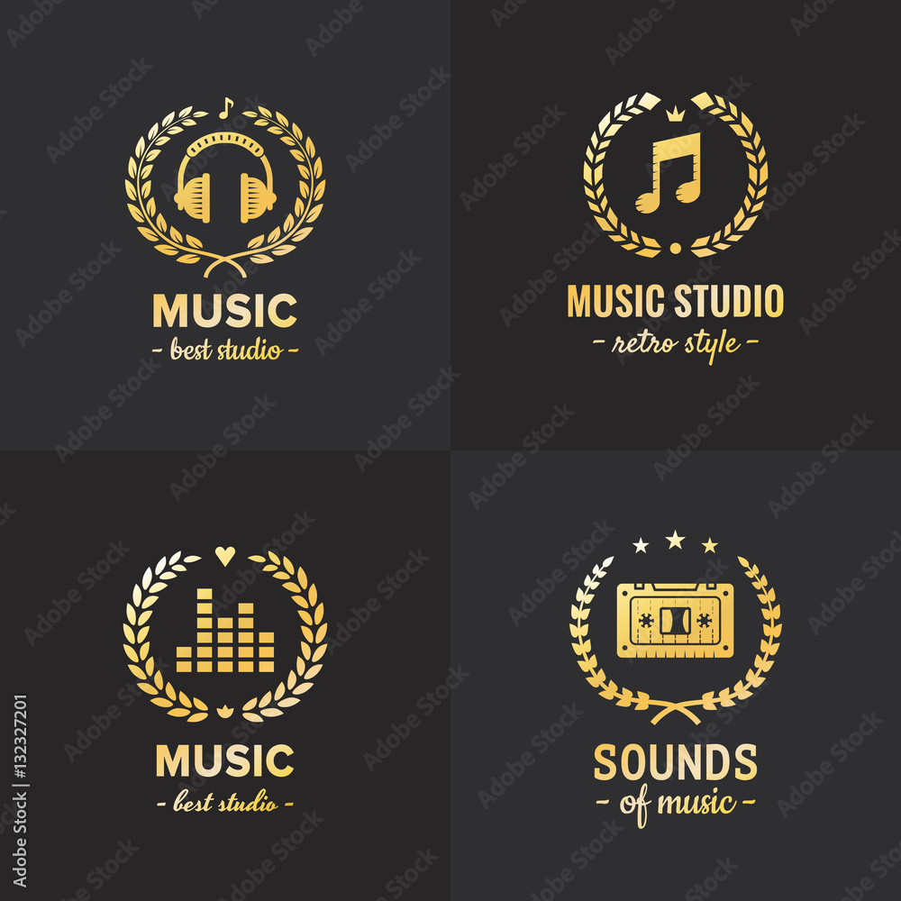 Music studio and radio gold logo vintage vector set. Part three.