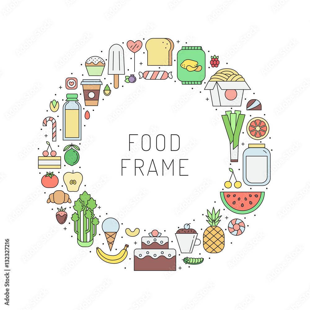 Food and drinks (grocery shop) outline circle frame. Part two.